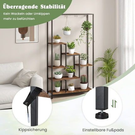 Pflanzenständer 6 Etagen 180 cm Pflanzenregal Metall mit 10 S-Haken Schwarz + Rustikal Braun
