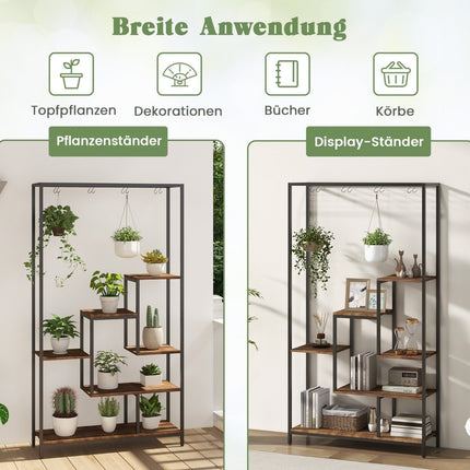 Pflanzenständer 6 Etagen 180 cm Pflanzenregal Metall mit 10 S-Haken Schwarz + Rustikal Braun
