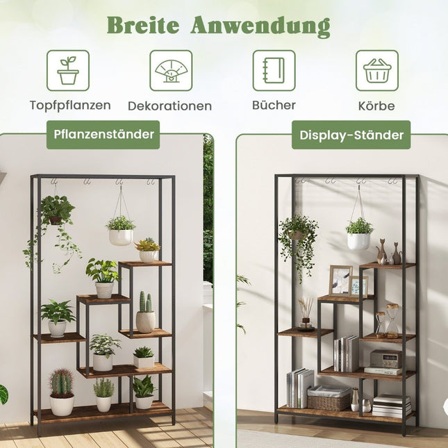 Pflanzenständer 6 Etagen 180 cm Pflanzenregal Metall mit 10 S-Haken Schwarz + Rustikal Braun