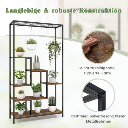 Pflanzenständer 6 Etagen 180 cm Pflanzenregal Metall mit 10 S-Haken Schwarz + Rustikal Braun