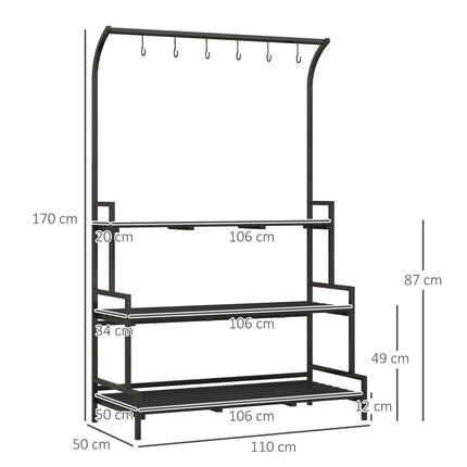 Schwarzer Blumenständer aus Stahl – 3 Etagen, 6 Haken, 110x50x170cm