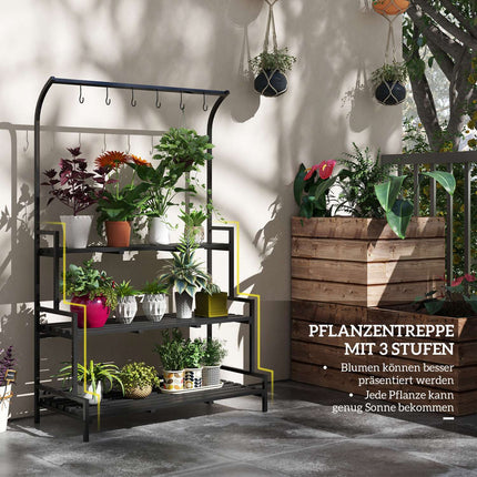 Schwarzer Blumenständer aus Stahl – 3 Etagen, 6 Haken, 110x50x170cm