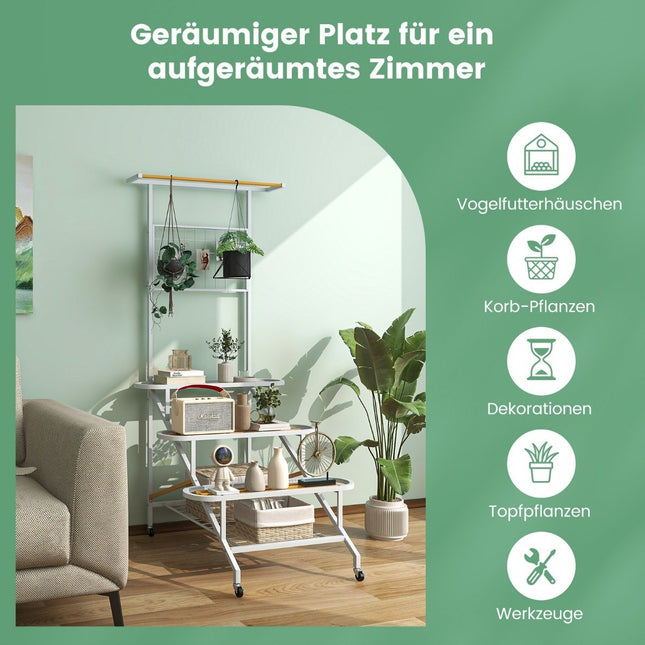 Pflanzenständer mit Spalier Metall Blumentreppe auf Rollen Mehrzweckregal 80 x 85 x 175 cm Weiß
