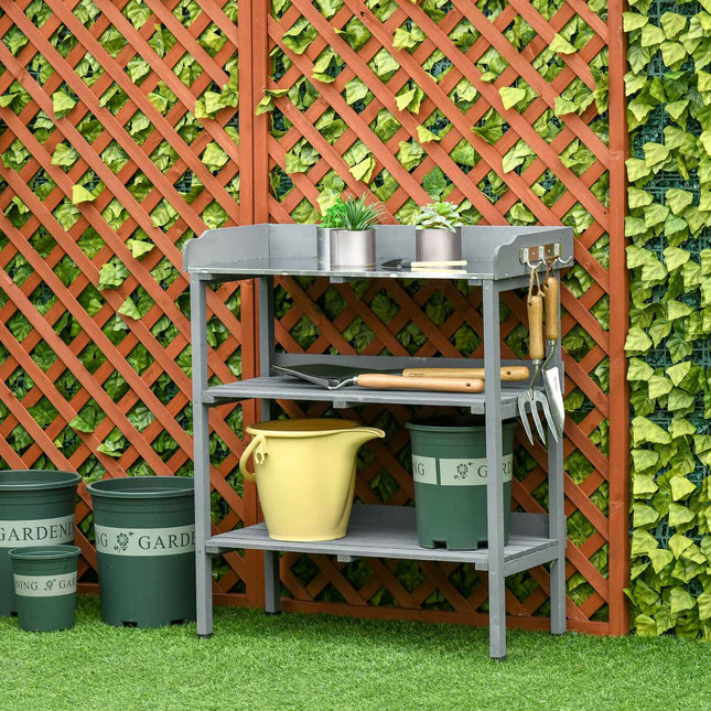 Plantentafel tuintafel bloementafel met metalen werkblad en hout 76x37x89cm ideaal voor tuin & balkon