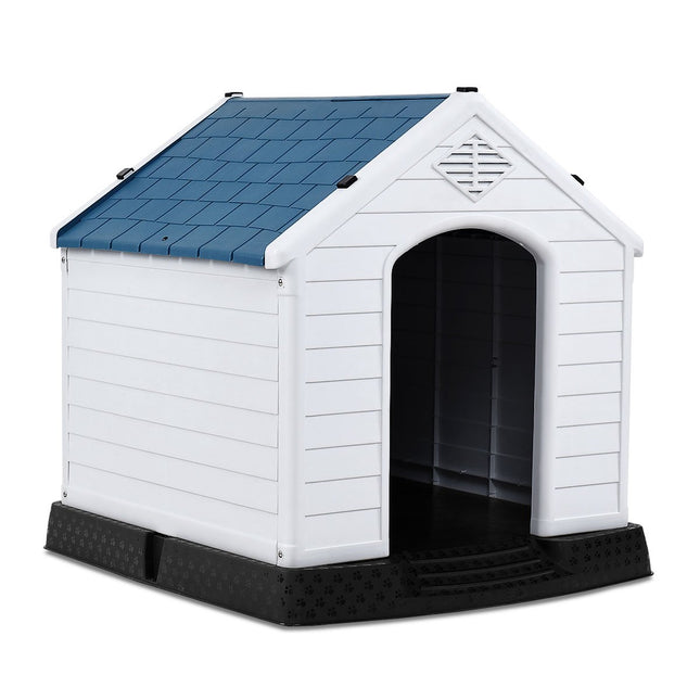 Niche en plastique pour chien, accessoire pour animaux de compagnie, niche pour chien de jardin, 87,7 x 78,5 x 81,5 cm, blanc et bleu