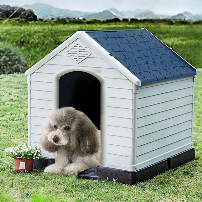 Hundehütte aus Kunststoff mit erhöhtem Boden, Blau-Weiß