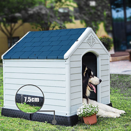 Plastic Dog House with Elevated Floor, Blue and White