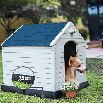 Plastic Dog House with Elevated Floor, Blue and White