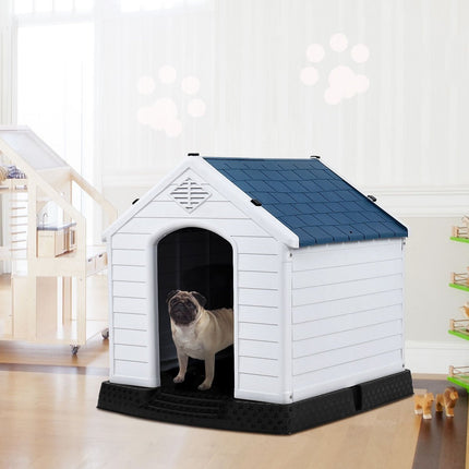 Plastic Dog House with Elevated Floor, Blue and White