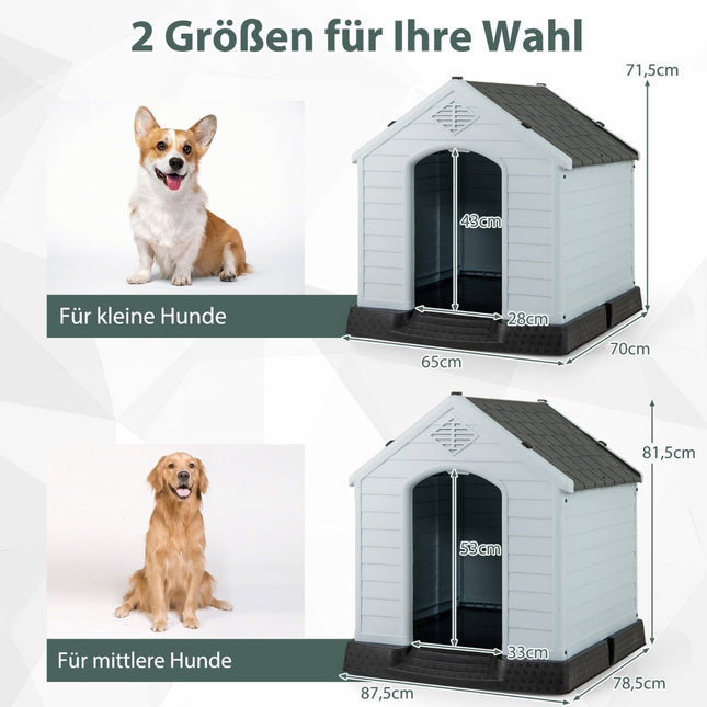 Hundehütte aus Kunststoff mit erhöhtem Boden und wasserdichtem Dach