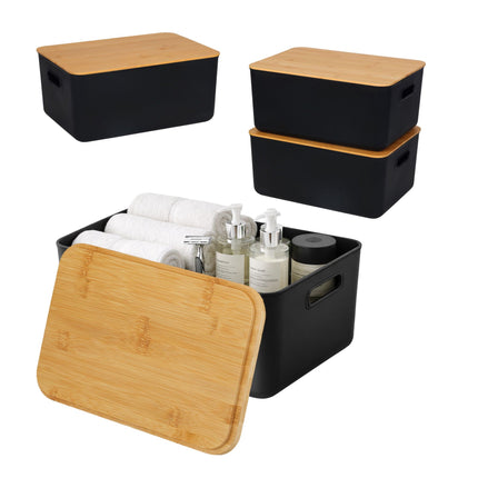 Aufbewahrungsbox-Set aus Kunststoff mit Bambusdeckel, stapelbar