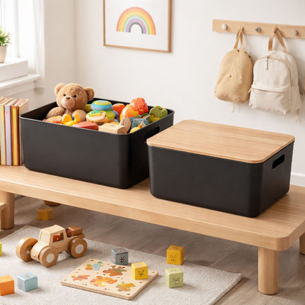 Aufbewahrungsbox-Set aus Kunststoff mit Bambusdeckel, stapelbar
