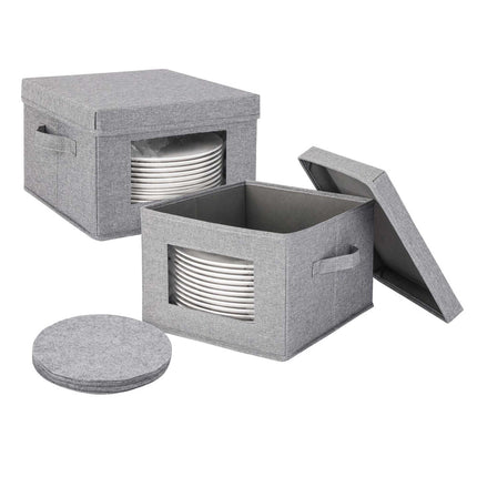 Plate Storage Boxes Set of 2 with 24 Felt Inserts, Grey, 28 cm Plate Diameter