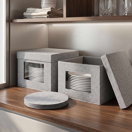 Plate Storage Boxes Set of 2 with 24 Felt Inserts, Grey, 28 cm Plate Diameter