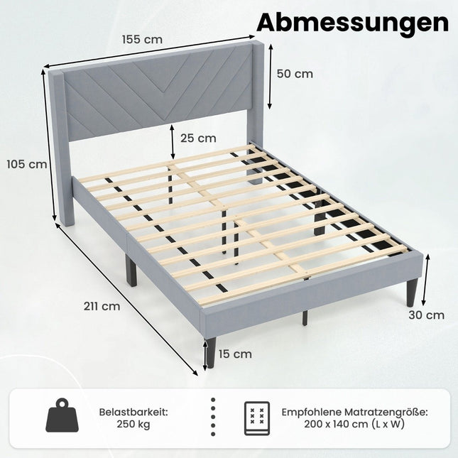 Plattformbettgestell für 200x140 cm Matratze, grauer Samt