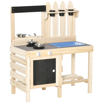 Spielküche aus Holz mit Töpfen und Küchenutensilien aus Edelstahl