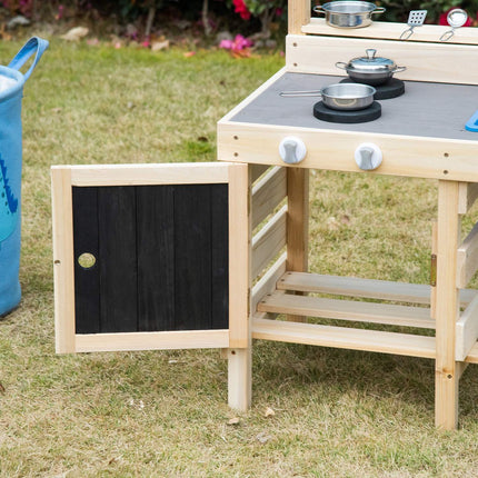 Spielküche aus Holz mit Töpfen und Küchenutensilien aus Edelstahl