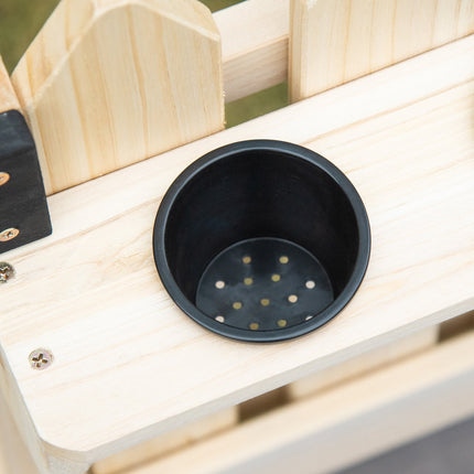 Spielküche aus Holz mit Töpfen und Küchenutensilien aus Edelstahl