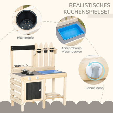 Spielküche aus Holz mit Töpfen und Küchenutensilien aus Edelstahl
