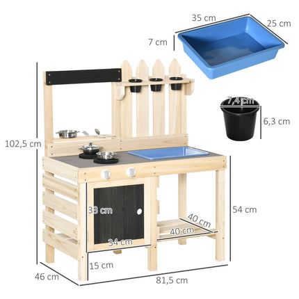 Spielküche aus Holz mit Töpfen und Küchenutensilien aus Edelstahl