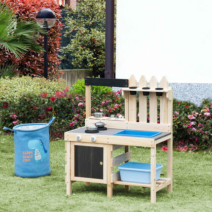 Spielküche aus Holz mit Töpfen und Küchenutensilien aus Edelstahl