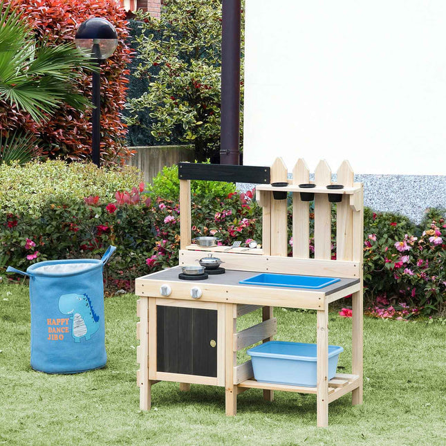 Wooden play kitchen with pots and tools in stainless steel