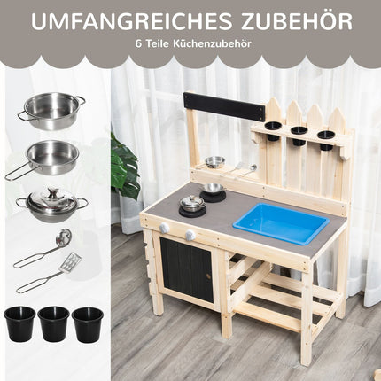 Spielküche aus Holz mit Töpfen und Küchenutensilien aus Edelstahl
