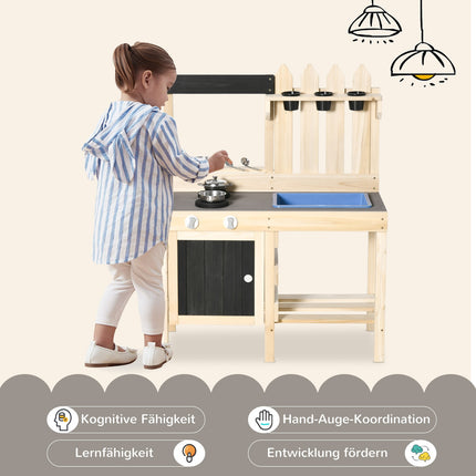 Spielküche aus Holz mit Töpfen und Küchenutensilien aus Edelstahl