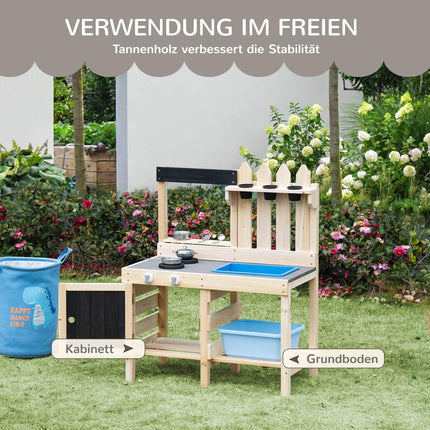 Spielküche aus Holz mit Töpfen und Küchenutensilien aus Edelstahl