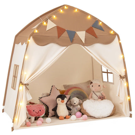 Spielhaus Kinder Indoor Kinderzelt mit Fahnen und Lichterketten Prinzessin Spielzelt Kaffee