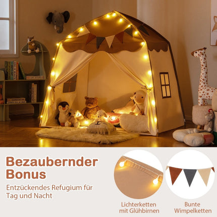Spielhaus Kinder Indoor Kinderzelt mit Fahnen und Lichterketten Prinzessin Spielzelt Kaffee