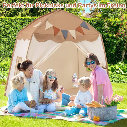 Spielhaus Kinder Indoor Kinderzelt mit Fahnen und Lichterketten Prinzessin Spielzelt Kaffee