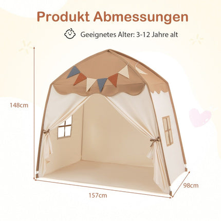 Spielhaus Kinder Indoor Kinderzelt mit Fahnen und Lichterketten Prinzessin Spielzelt Kaffee
