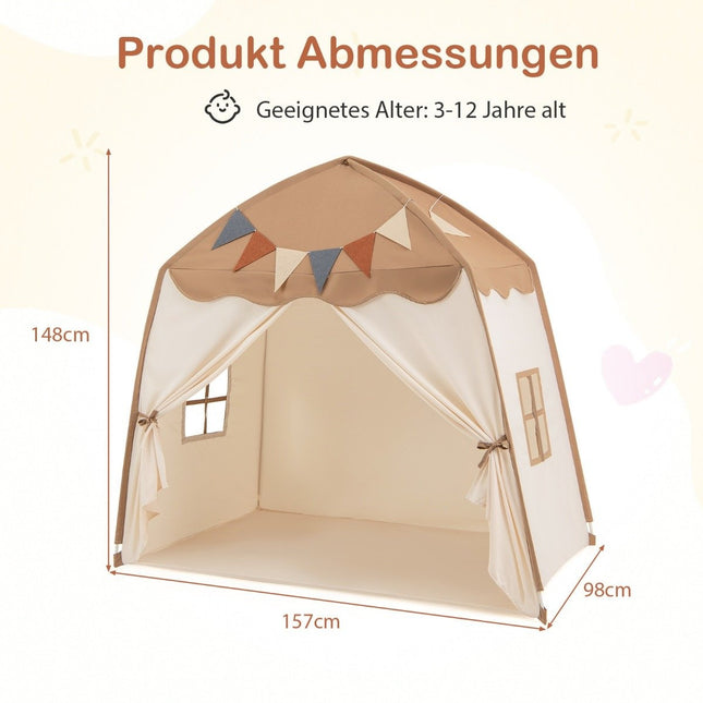 Spielhaus Kinder Indoor Kinderzelt mit Fahnen und Lichterketten Prinzessin Spielzelt Kaffee
