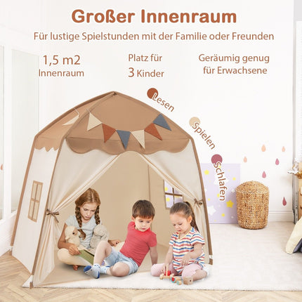 Spielhaus Kinder Indoor Kinderzelt mit Fahnen und Lichterketten Prinzessin Spielzelt Kaffee