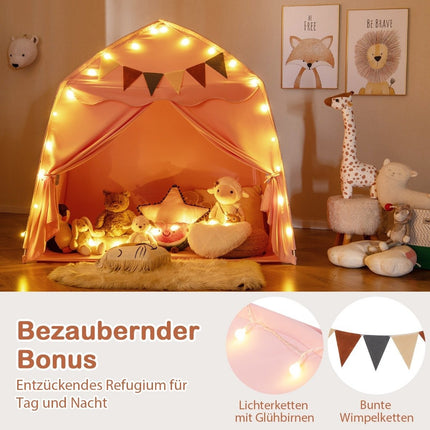 Playhouse Children's Indoor Children's Tent with Flags and Fairy Lights Princess Play Tent Pink