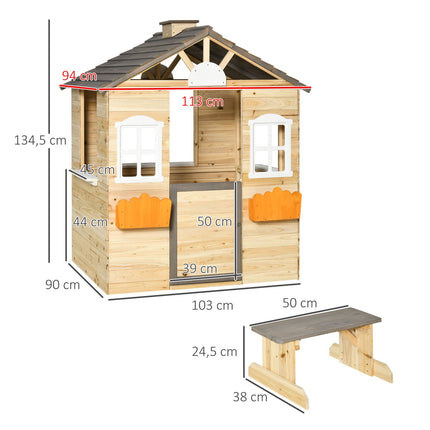 Wooden outdoor playhouse for children with flowers and mailbox