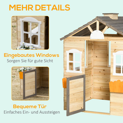 Wooden outdoor playhouse for children with flowers and mailbox