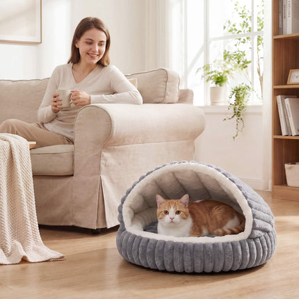 Plush Cat Cave Bed with Removable Cushion and Non-Slip Base, Grey, Washable