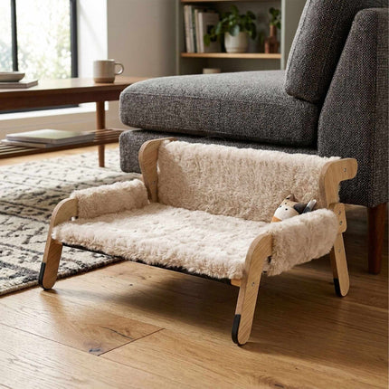 Plush Cat Hammock Bed, Beige – Pine Frame, 53x45.5 cm