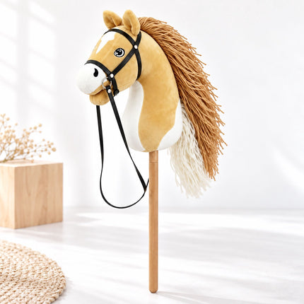 Plush Hobby Horse on Beech Wood Stick with Bridle and Reins, Beige