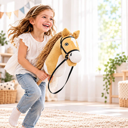 Plush Hobby Horse on Beech Wood Stick with Bridle and Reins, Beige