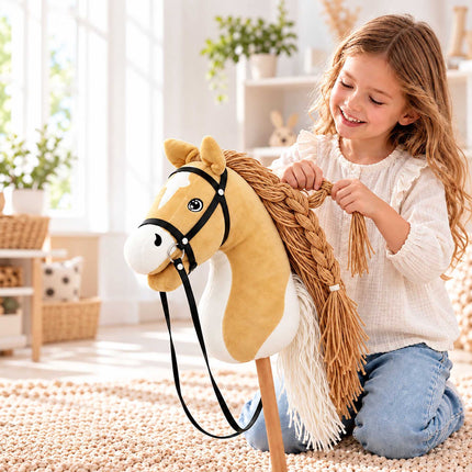 Plush Hobby Horse on Beech Wood Stick with Bridle and Reins, Beige