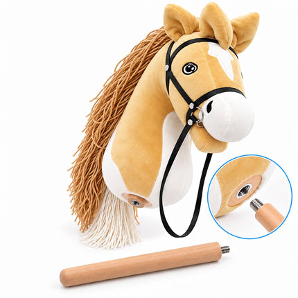 Plush Hobby Horse on Beech Wood Stick with Bridle and Reins, Beige
