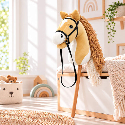 Plush Hobby Horse on Beech Wood Stick with Bridle and Reins, Beige