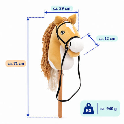 Plush Hobby Horse on Beech Wood Stick with Bridle and Reins, Beige