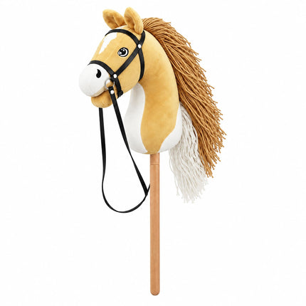 Plush Hobby Horse on Beech Wood Stick with Bridle and Reins, Beige