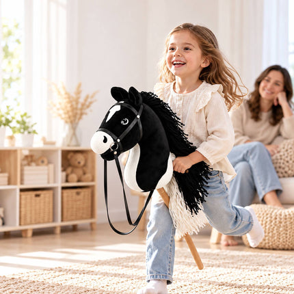 Plush Hobby Horse on Beech Wood Stick with Bridle and Reins, Black