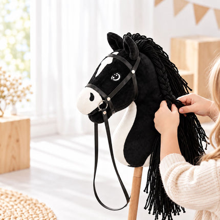 Plush Hobby Horse on Beech Wood Stick with Bridle and Reins, Black