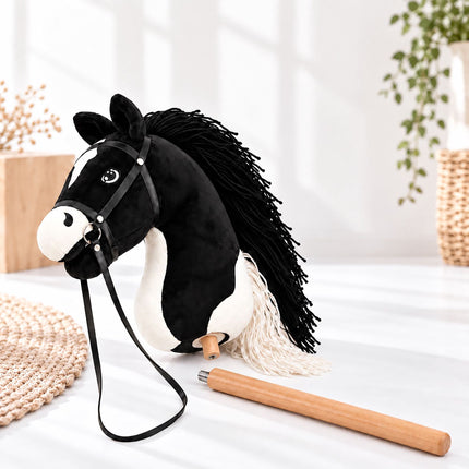 Plush Hobby Horse on Beech Wood Stick with Bridle and Reins, Black